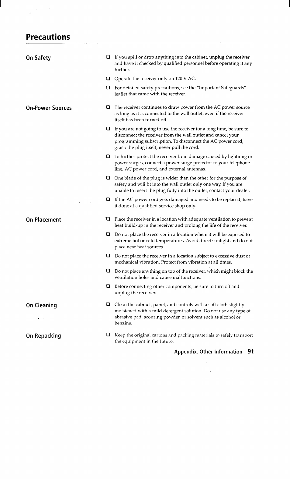 Precautions | Sony SAT-A2 User Manual | Page 91 / 96