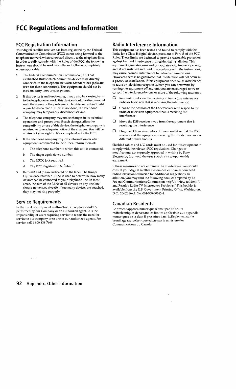 Fcc regulations and information, Fcc registration information, Radio interference information | Service requirements, Canadian residents | Sony SAT-A2 User Manual | Page 92 / 96