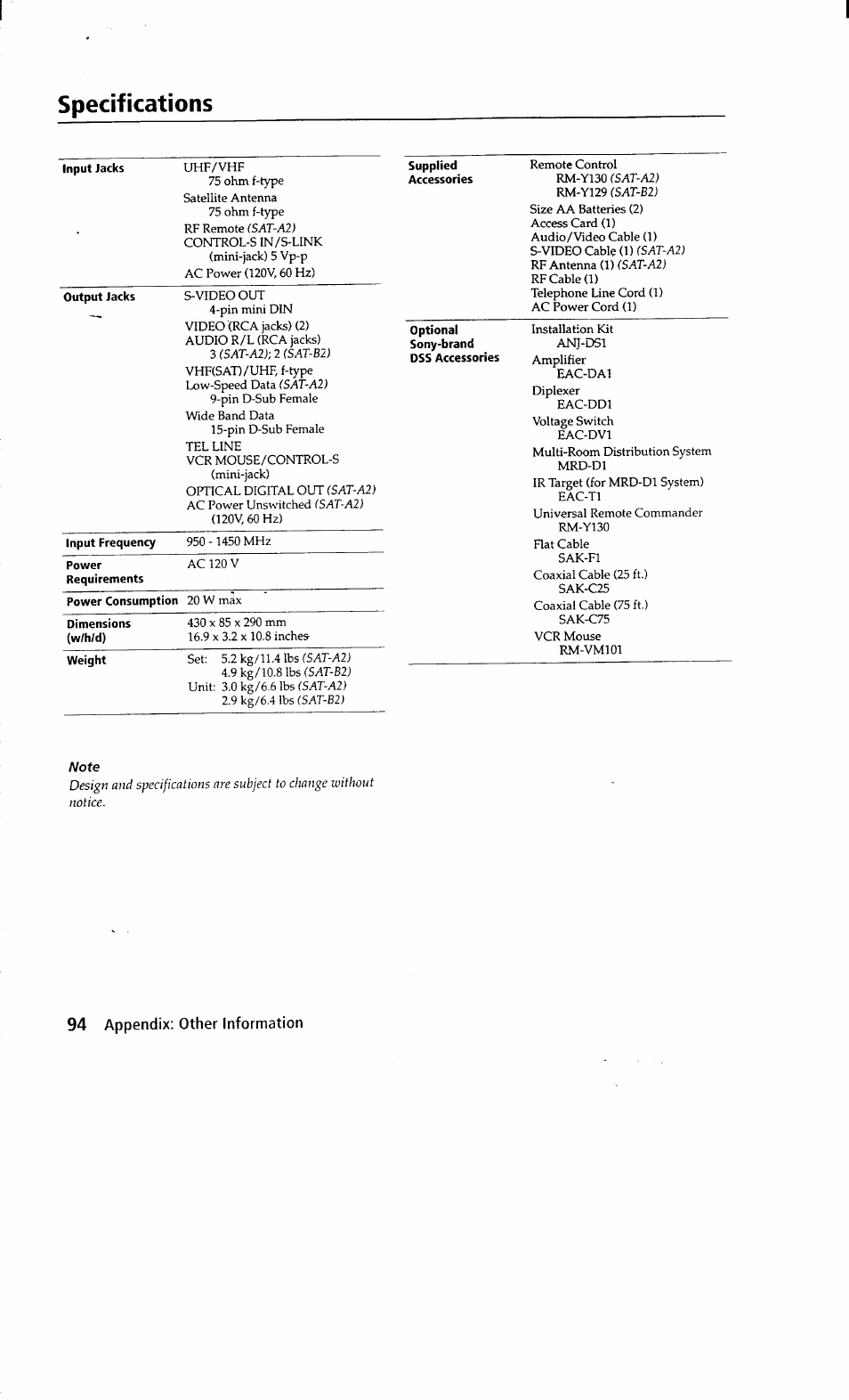 Specifications | Sony SAT-A2 User Manual | Page 94 / 96