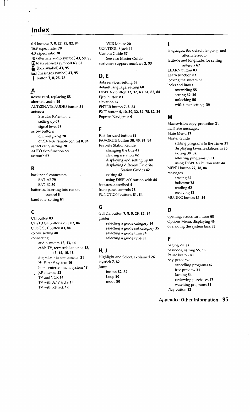 Index, H, j | Sony SAT-A2 User Manual | Page 95 / 96