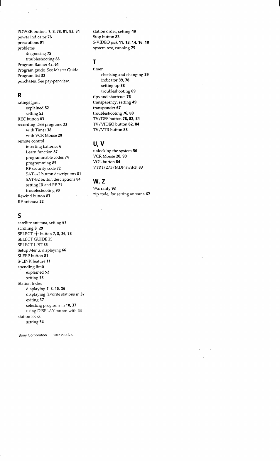 W, z | Sony SAT-A2 User Manual | Page 96 / 96
