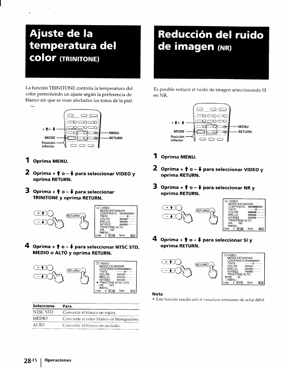 Ajuste de la temperatura dei, Reducción del ruido de imagen (nr), Nota | Ajuste de la temperatura dei color, Reducción del ruido de imagen, Trinitone) | Sony KP-41T25 User Manual | Page 71 / 87