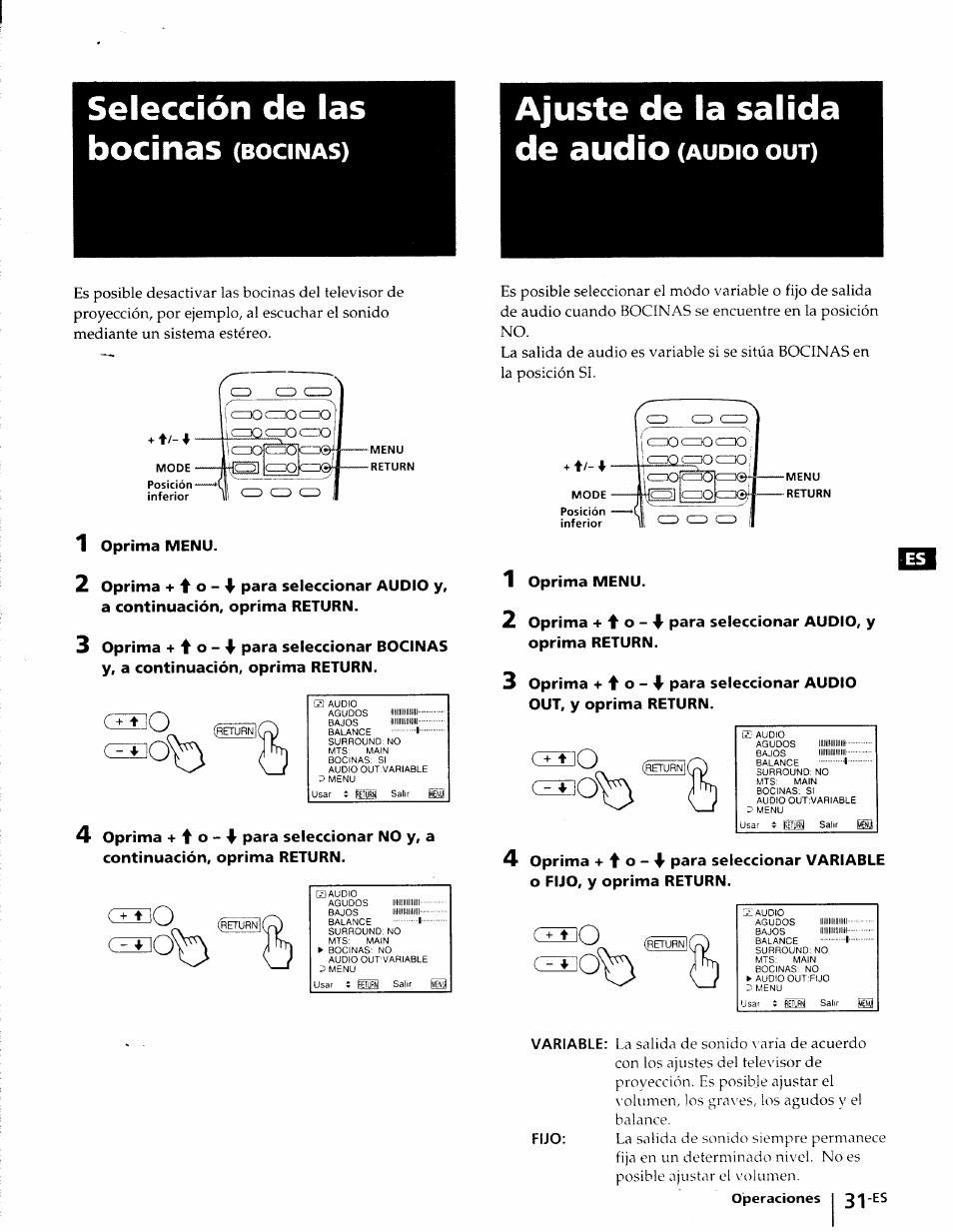 Selección de las bocinas (bocinas), Ajuste de la salida de audio (audio out), Audio | Sony KP-41T25 User Manual | Page 74 / 87