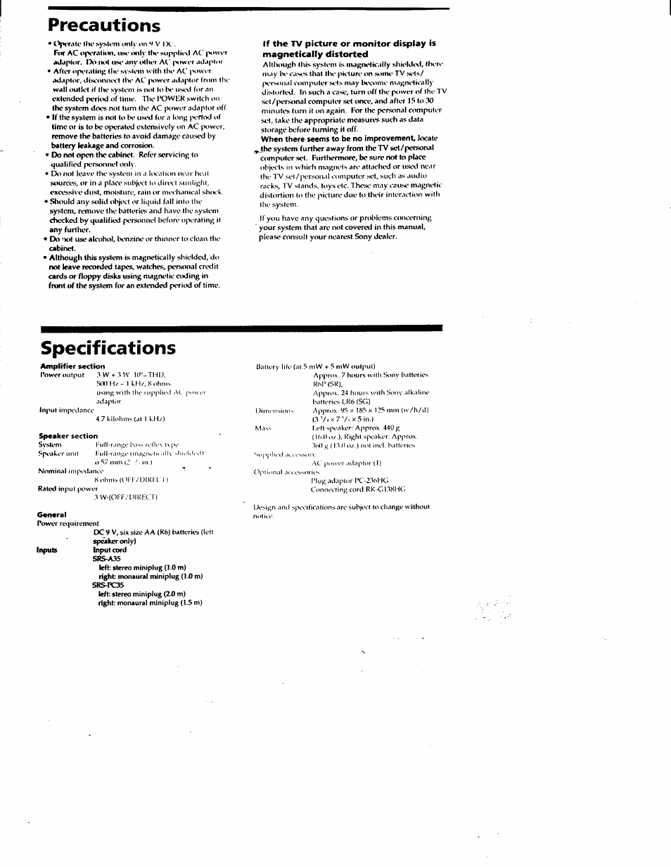 Precautions, Specifications | Sony SRS-PC35 User Manual | Page 2 / 8