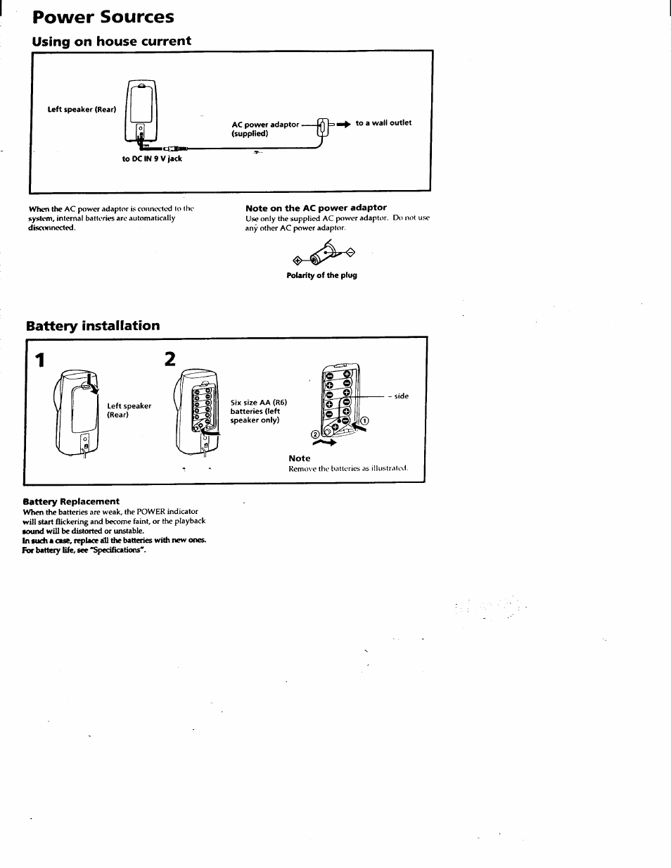 Power sources, Using on house current, Battery installation | Sony SRS-PC35 User Manual | Page 3 / 8
