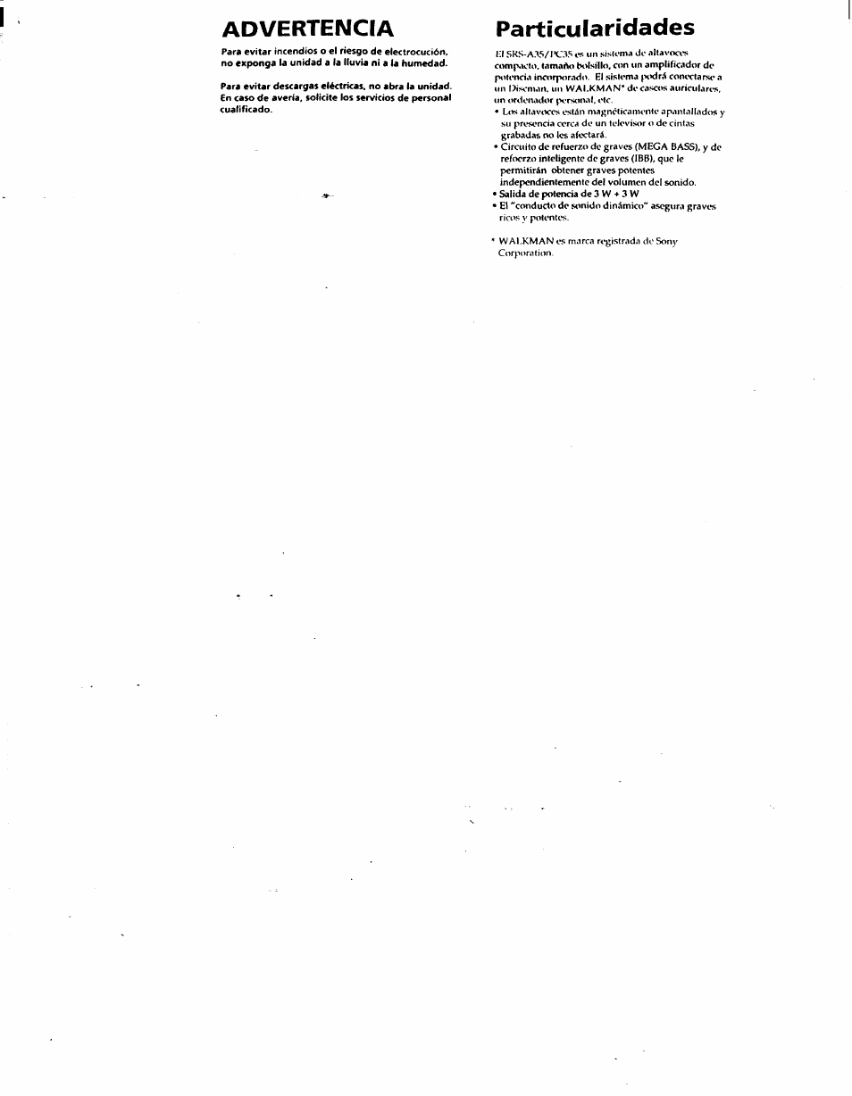 Particularidades, Advertencia | Sony SRS-PC35 User Manual | Page 5 / 8