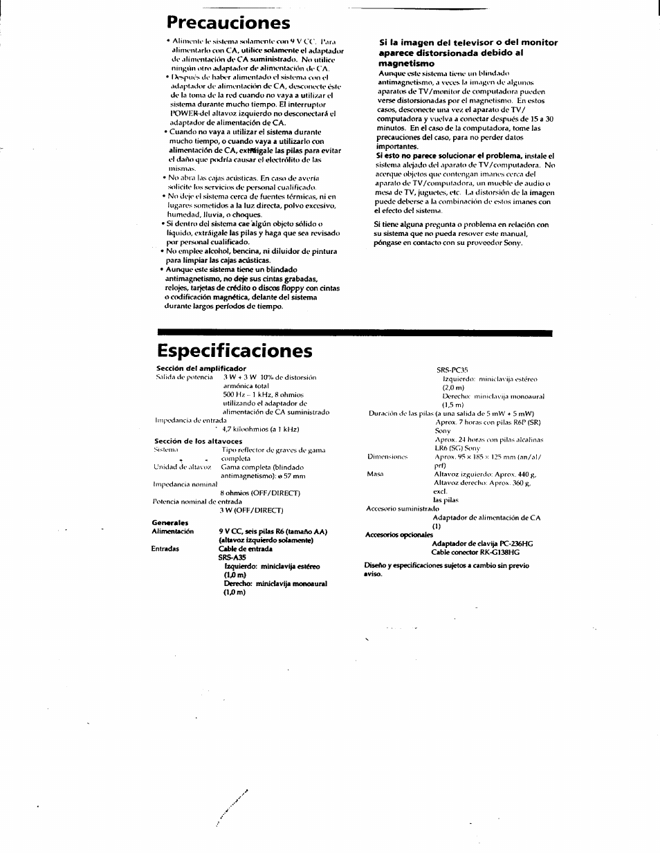 Precauciones, Especificaciones | Sony SRS-PC35 User Manual | Page 6 / 8