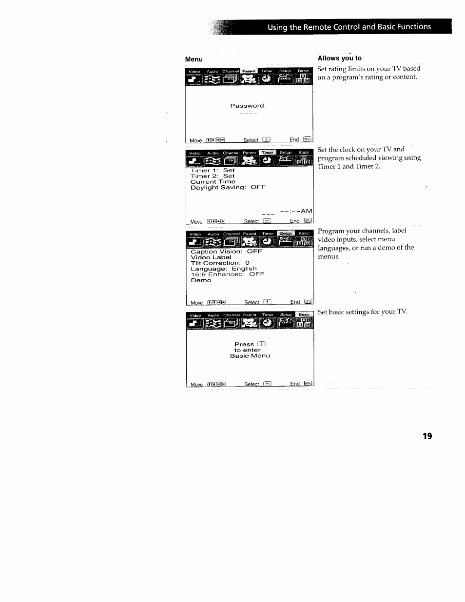Allows you to, Using the remote control and basic functions | Sony WEGA KV-32FS12 User Manual | Page 28 / 53