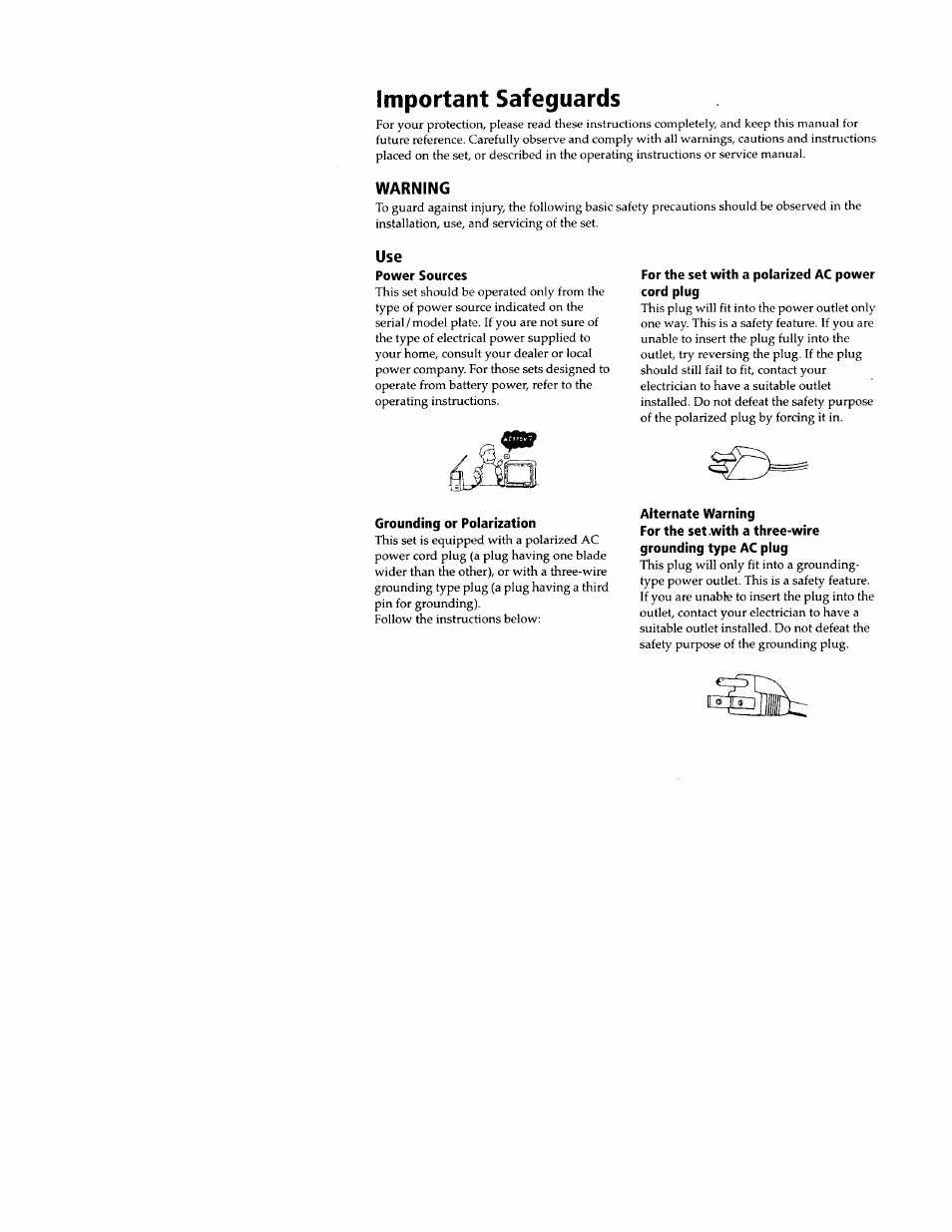 Important safeguards, Power sources, Grounding or polarization | For the set with a polarized ac power cord plug, Alternate warning, For the set .with a three-wire, Grounding type ac plug | Sony WEGA KV-32FS12 User Manual | Page 4 / 53