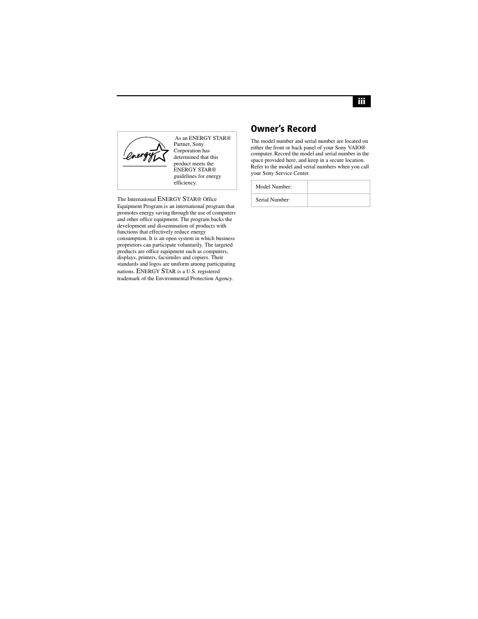 Owner’s record | Sony PCV-RX780G User Manual | Page 3 / 96