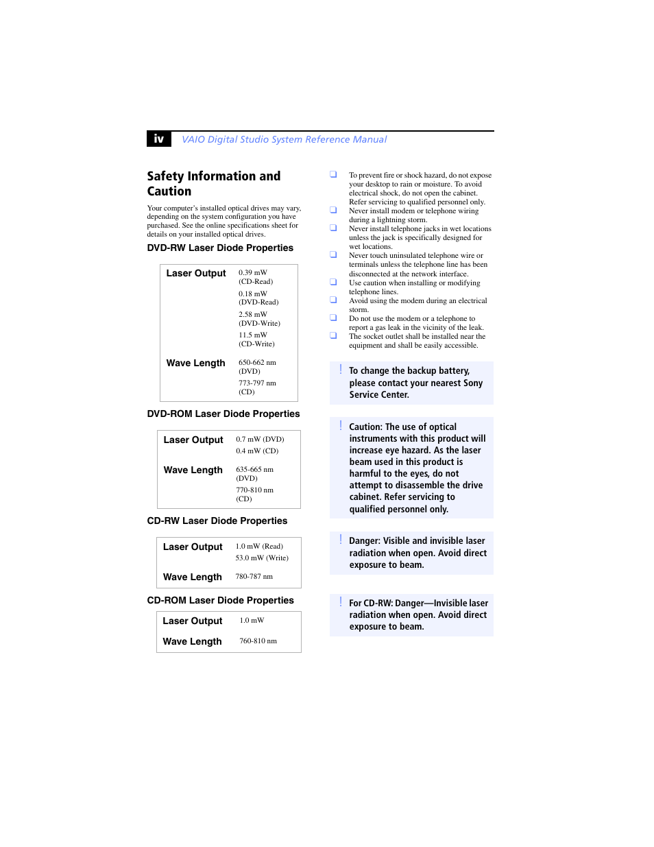 Safety information and caution | Sony PCV-RX780G User Manual | Page 4 / 96