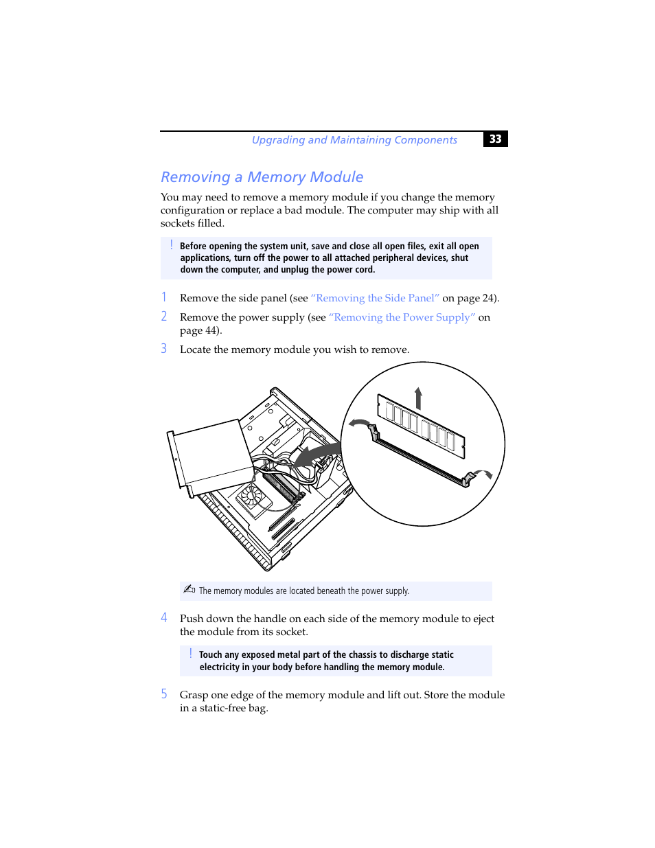 Removing a memory module | Sony PCV-RX780G User Manual | Page 47 / 96