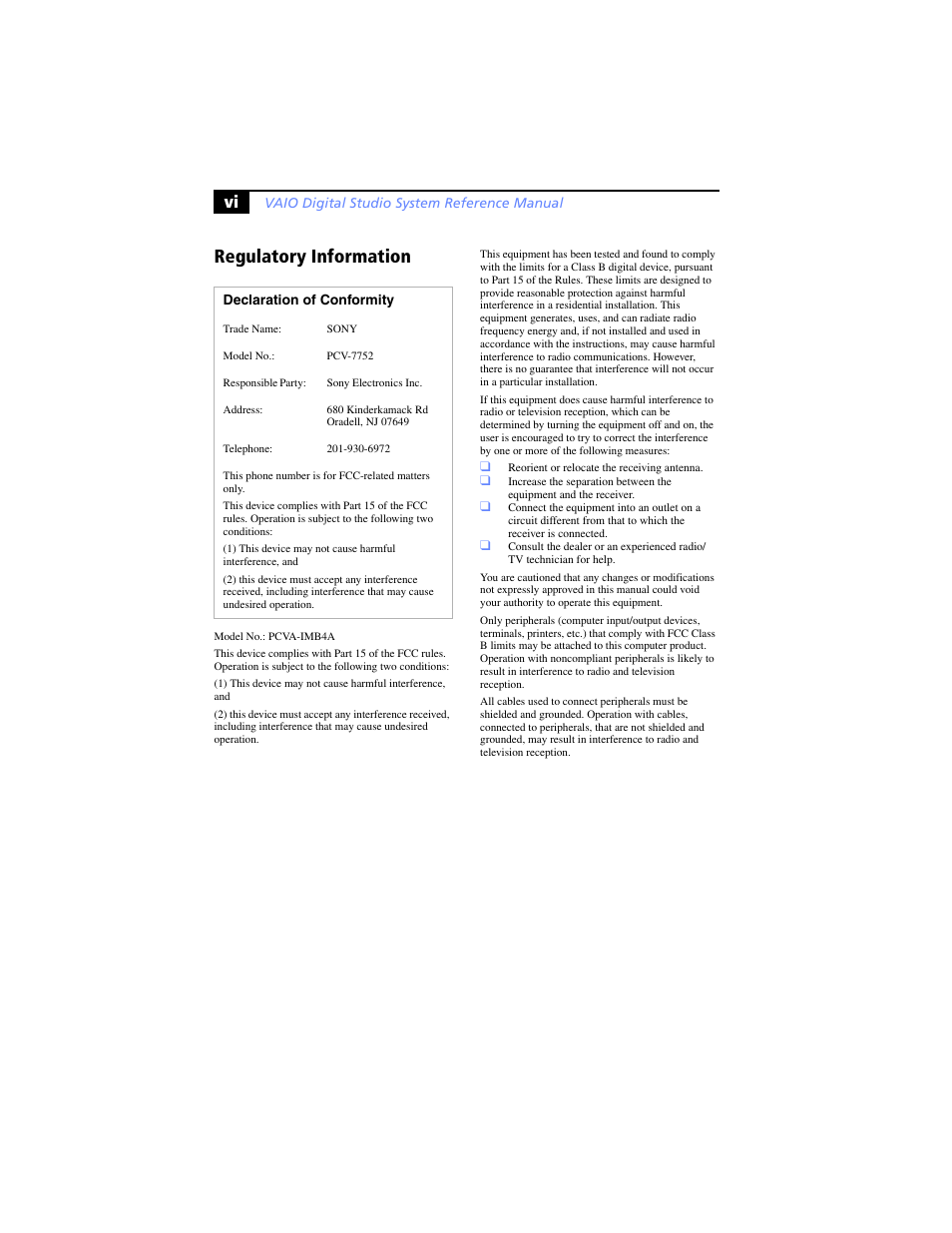 Regulatory information | Sony PCV-RX780G User Manual | Page 6 / 96