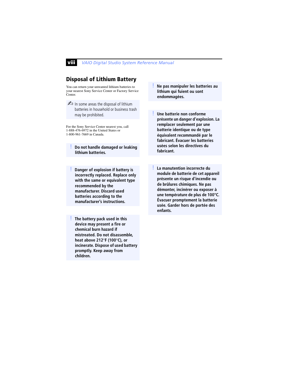Disposal of lithium battery | Sony PCV-RX780G User Manual | Page 8 / 96