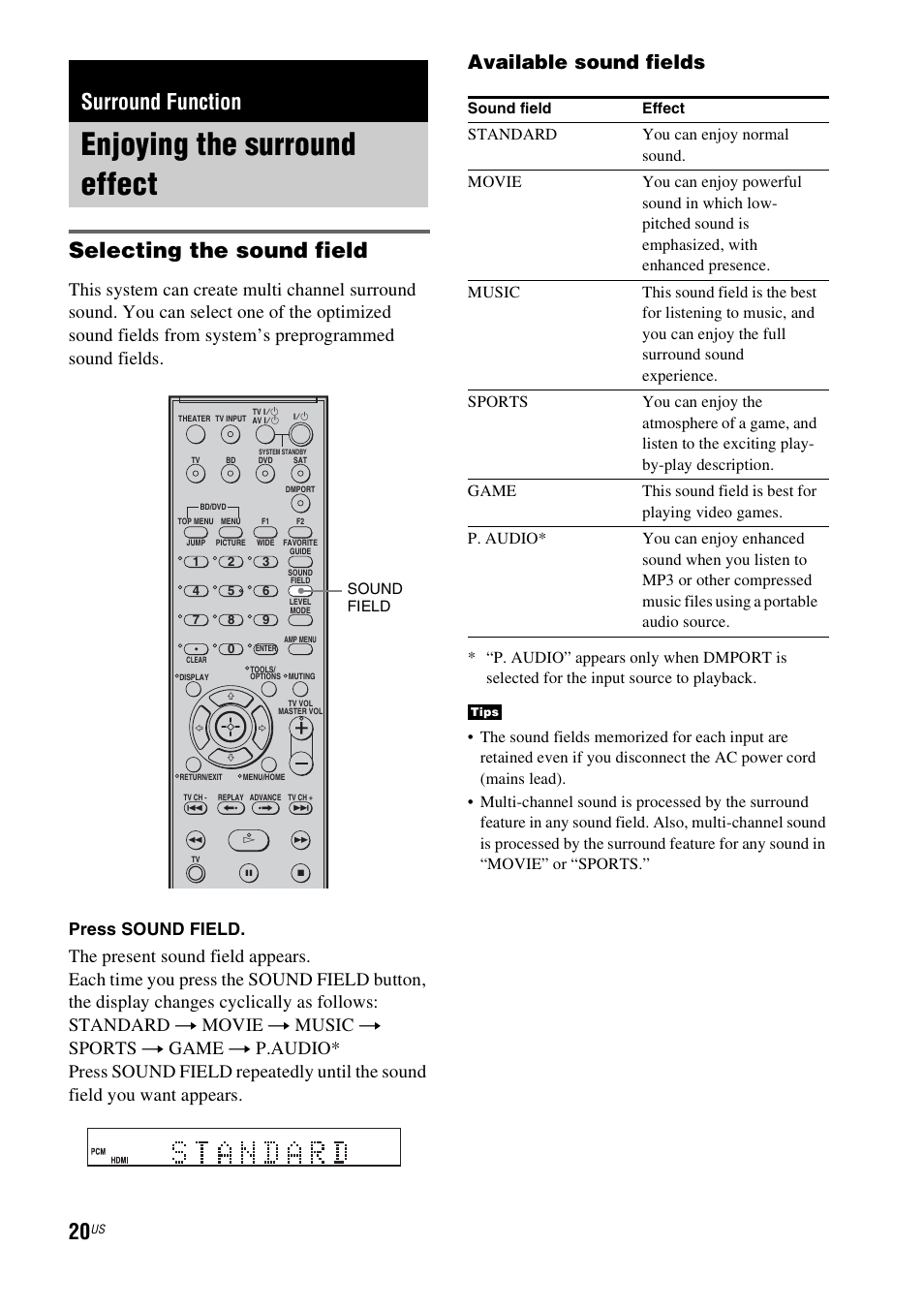 Surround function, Enjoying the surround effect, Selecting the sound field | Available sound fields, Press sound field | Sony HT-CT100 User Manual | Page 20 / 128