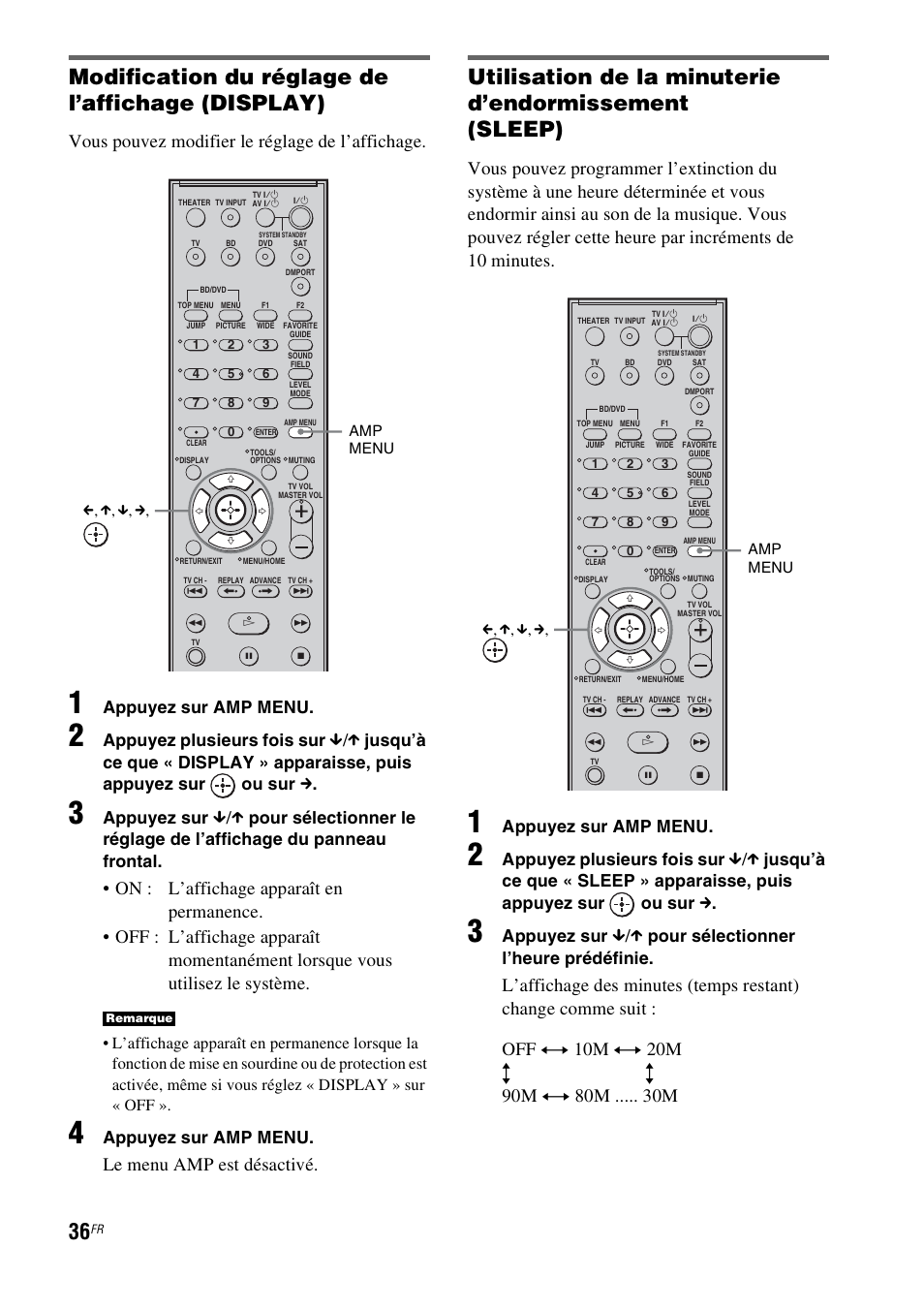 Modification du réglage de l’affichage (display), Vous pouvez modifier le réglage de l’affichage, Le menu amp est désactivé | Appuyez sur amp menu, Appuyez plusieurs fois sur, Appuyez sur, X pour sélectionner l’heure prédéfinie | Sony HT-CT100 User Manual | Page 76 / 128