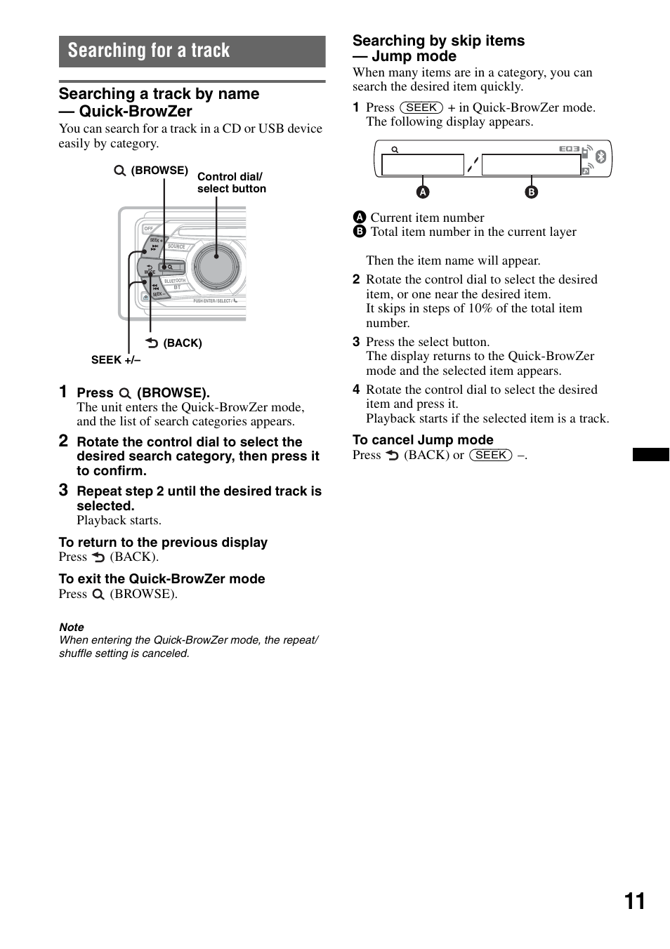 Searching for a track, Searching a track by name - quick-browzer, Searching a track by name — quick-browzer | Searching by skip items — jump mode | Sony MEX-BT3700U User Manual | Page 11 / 64