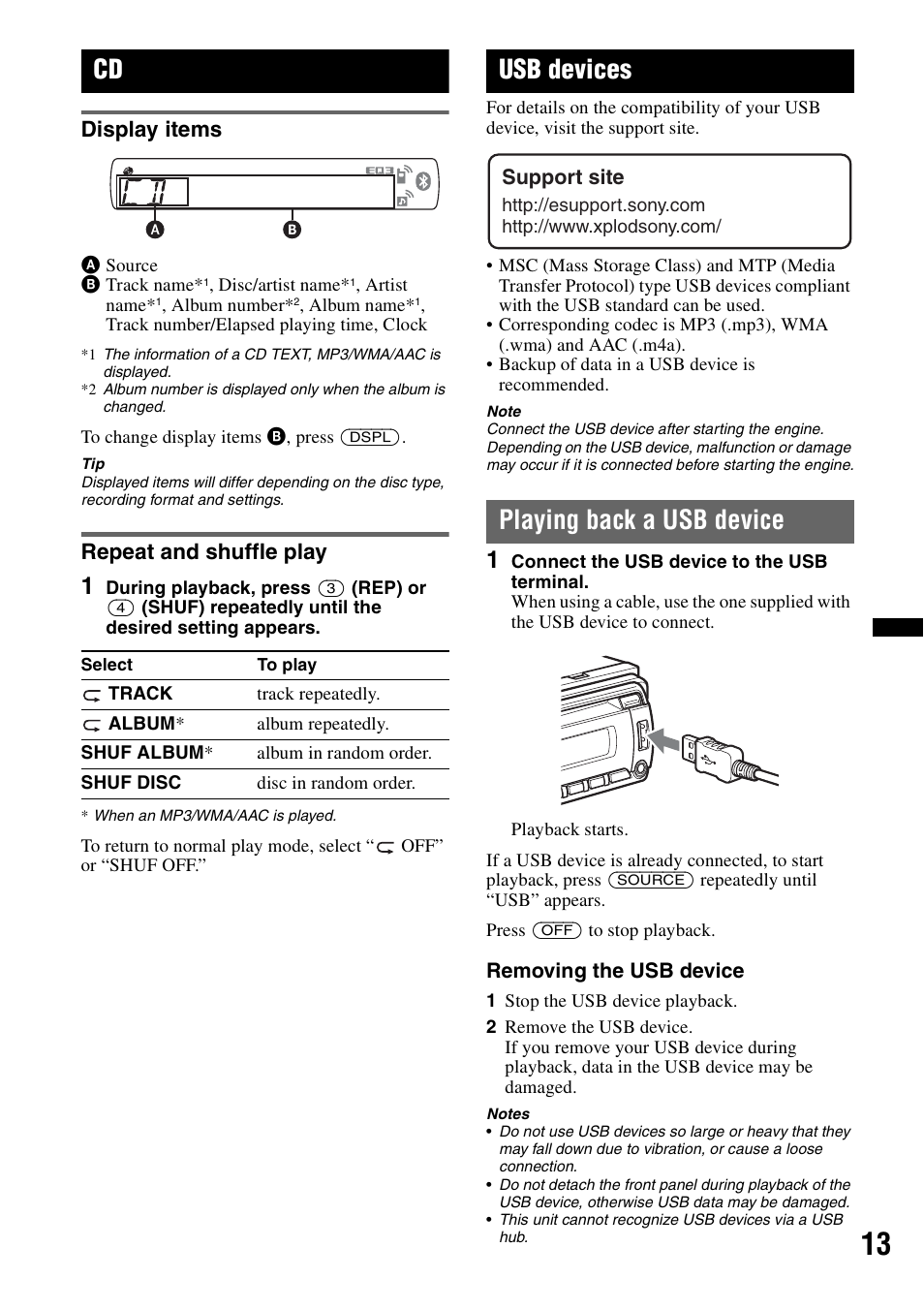 Display items, Repeat and shuffle play, Usb devices | Playing back a usb device, Display items repeat and shuffle play | Sony MEX-BT3700U User Manual | Page 13 / 64