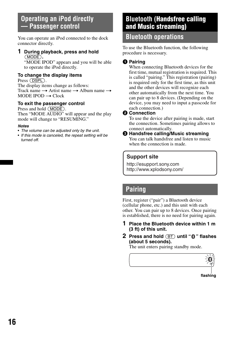Operating an ipod directly - passenger control, Bluetooth (handsfree calling and music streaming), Bluetooth operations | Pairing, Operating an ipod directly — passenger control, Bluetooth operations pairing | Sony MEX-BT3700U User Manual | Page 16 / 64