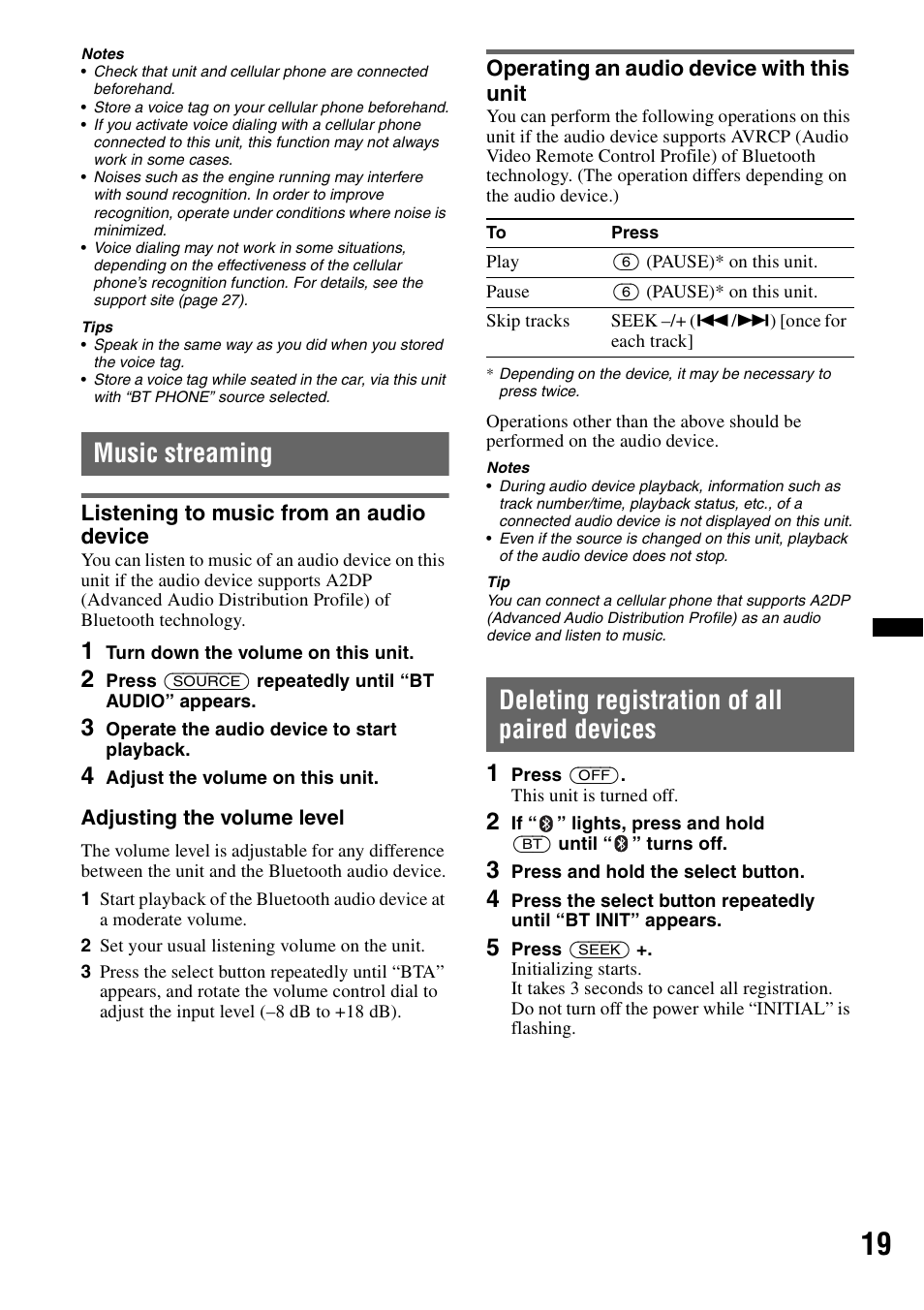 Music streaming, Listening to music from an audio device, Operating an audio device with this unit | Deleting registration of all paired devices | Sony MEX-BT3700U User Manual | Page 19 / 64