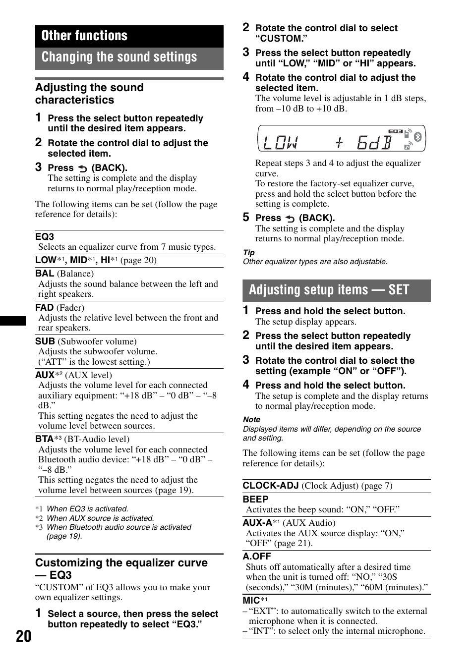 Other functions, Changing the sound settings, Adjusting the sound characteristics | Customizing the equalizer curve - eq3, Adjusting setup items - set, Adjusting setup items — set, Other functions changing the sound settings | Sony MEX-BT3700U User Manual | Page 20 / 64