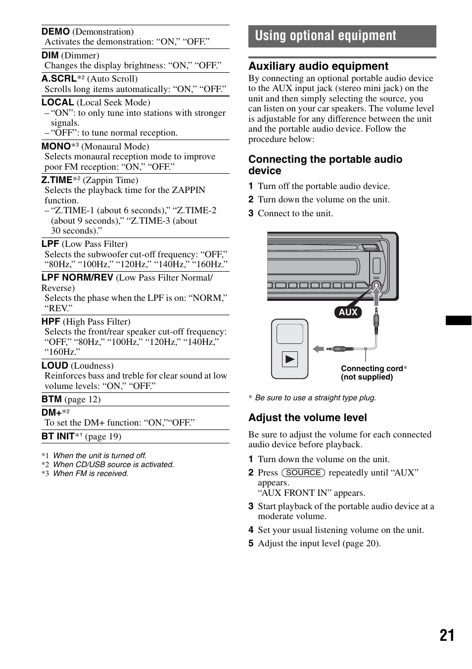 Using optional equipment, Auxiliary audio equipment | Sony MEX-BT3700U User Manual | Page 21 / 64