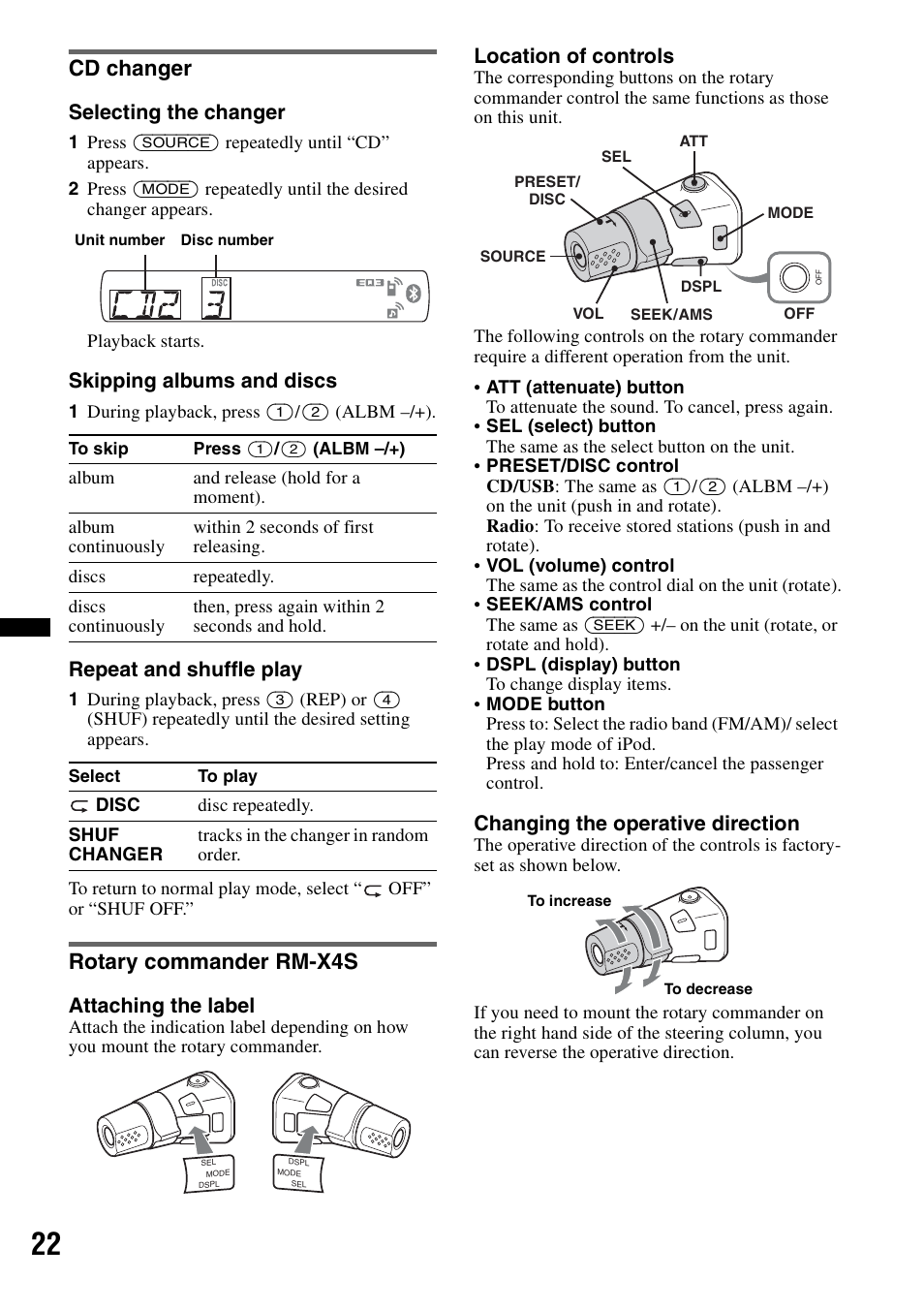 Cd changer, Rotary commander rm-x4s, Cd changer rotary commander rm-x4s | Selecting the changer, Skipping albums and discs, Repeat and shuffle play, Attaching the label, Location of controls, Changing the operative direction | Sony MEX-BT3700U User Manual | Page 22 / 64