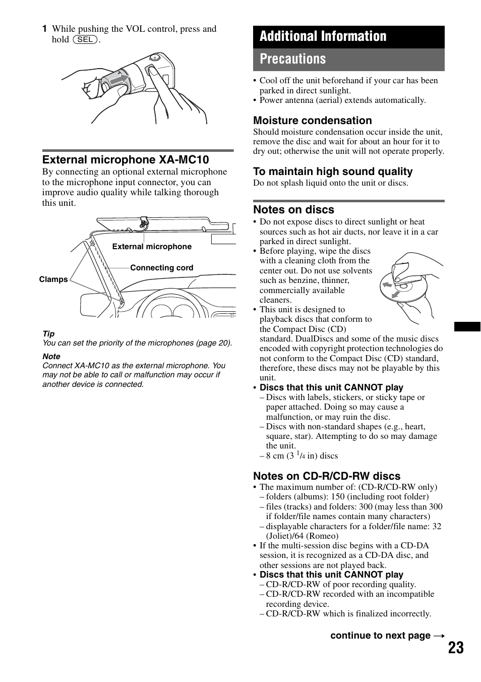 External microphone xa-mc10, Additional information, Precautions | Notes on discs, Additional information precautions | Sony MEX-BT3700U User Manual | Page 23 / 64