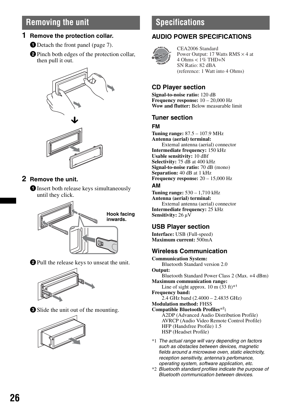 Removing the unit, Specifications, Removing the unit specifications | Sony MEX-BT3700U User Manual | Page 26 / 64