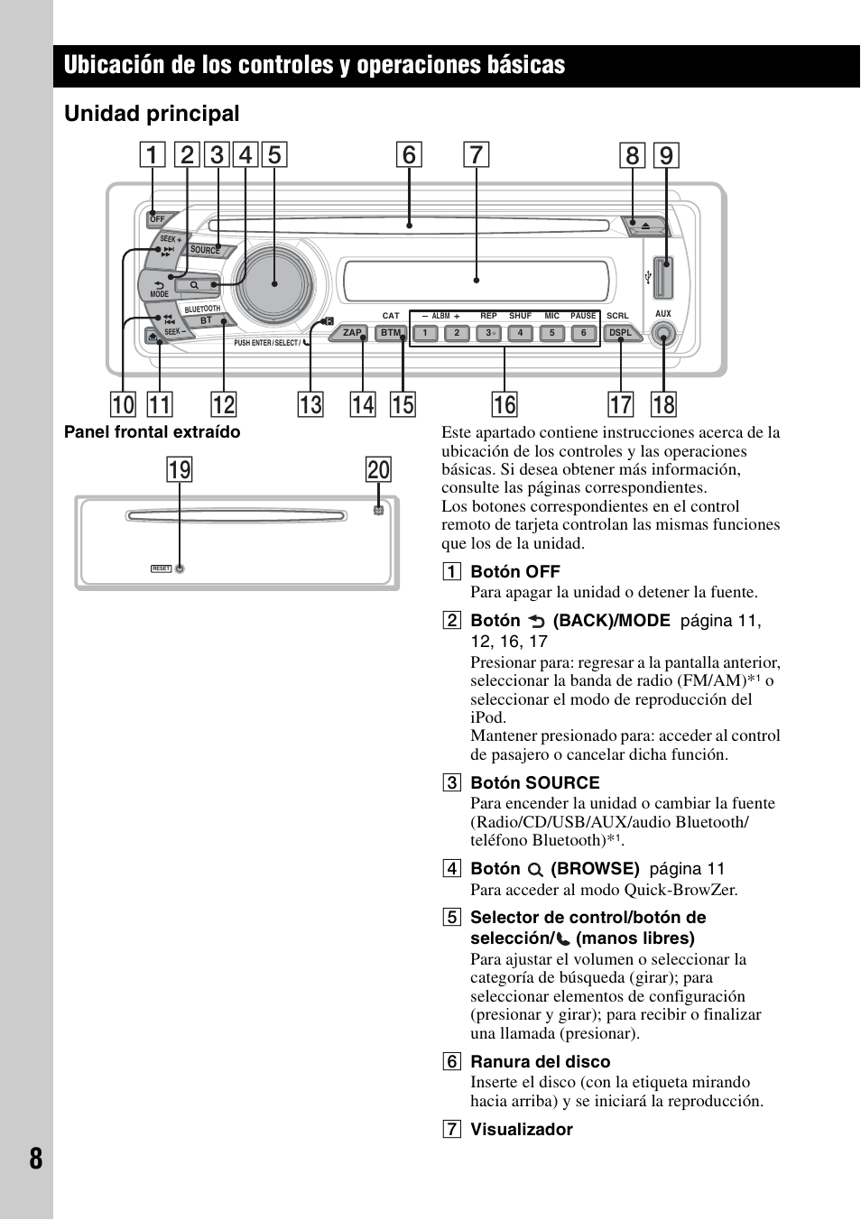 Ubicación de los controles y operaciones básicas, Unidad principal, W; ql | Sony MEX-BT3700U User Manual | Page 38 / 64