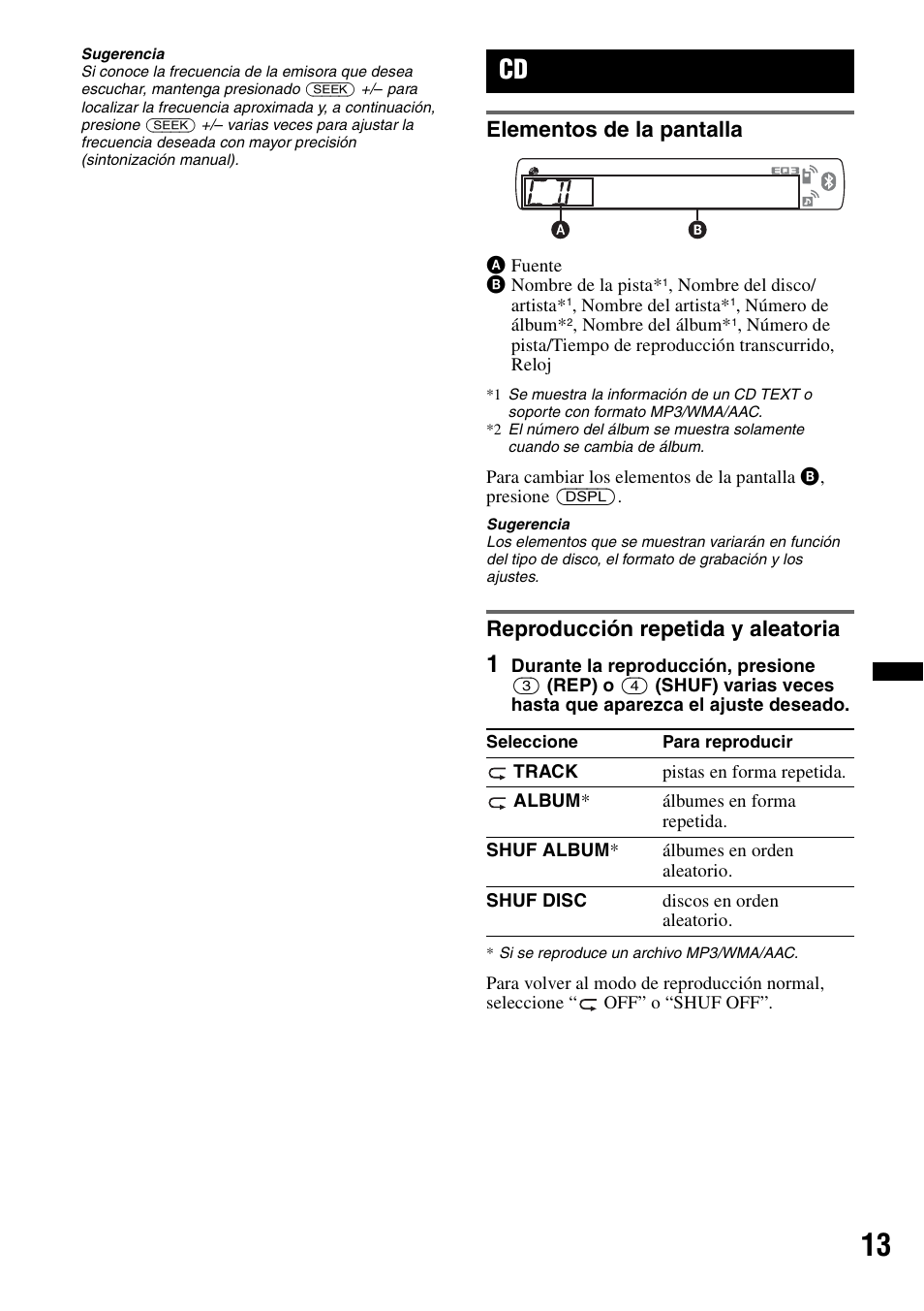 Elementos de la pantalla, Reproducción repetida y aleatoria | Sony MEX-BT3700U User Manual | Page 43 / 64