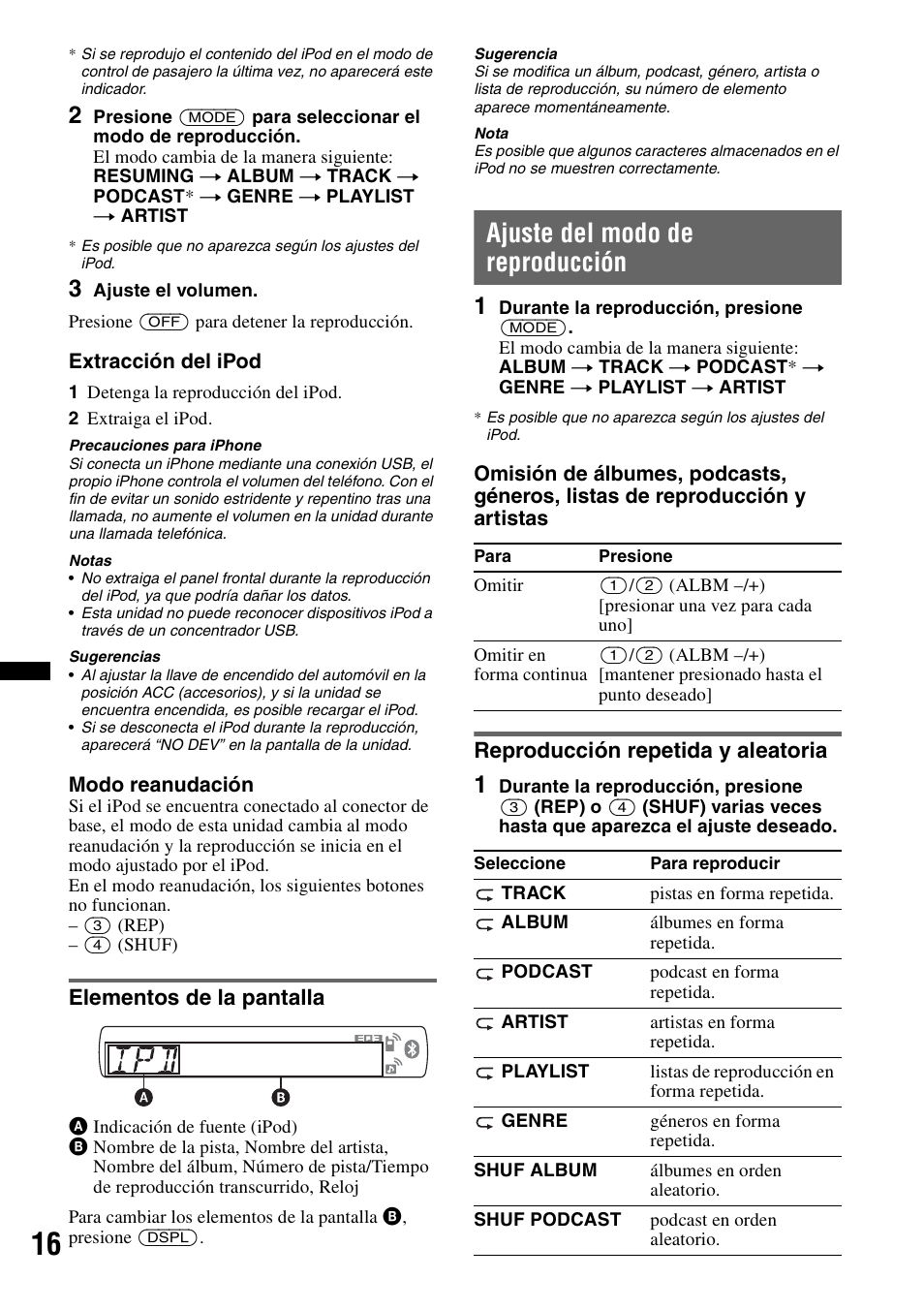 Elementos de la pantalla, Ajuste del modo de reproducción, Reproducción repetida y aleatoria | Sony MEX-BT3700U User Manual | Page 46 / 64