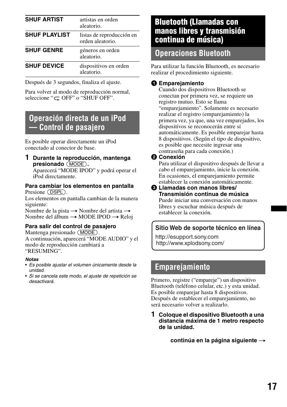 Operación directa de un ipod - control de pasajero, Operaciones bluetooth, Emparejamiento | Operación directa de un ipod — control de pasajero, Operaciones bluetooth emparejamiento | Sony MEX-BT3700U User Manual | Page 47 / 64