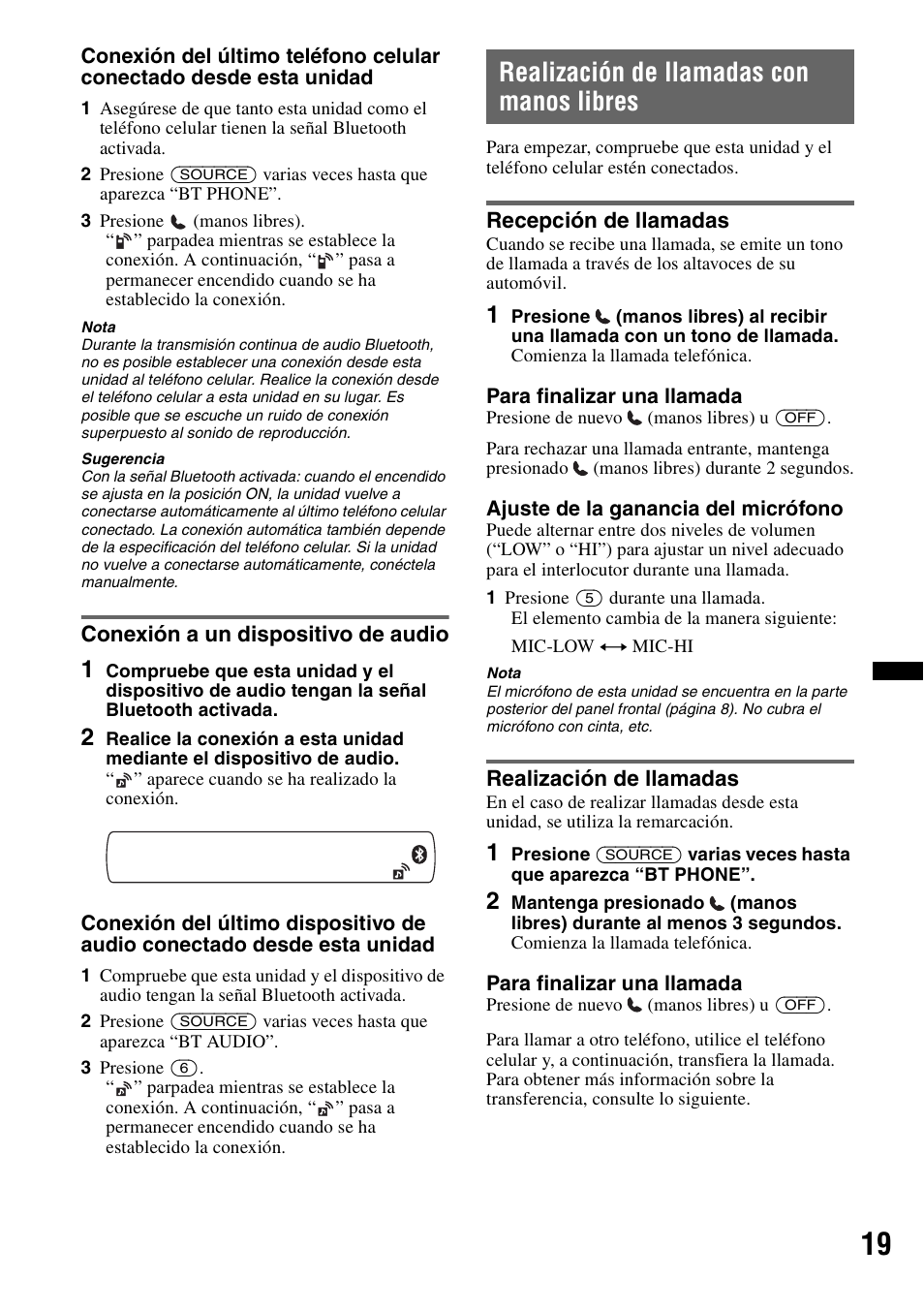 Conexión a un dispositivo de audio, Realización de llamadas con manos libres, Recepción de llamadas | Realización de llamadas, Recepción de llamadas realización de llamadas | Sony MEX-BT3700U User Manual | Page 49 / 64