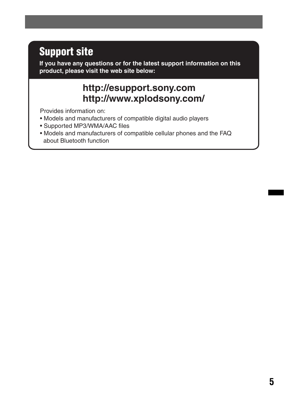 Support site | Sony MEX-BT3700U User Manual | Page 5 / 64