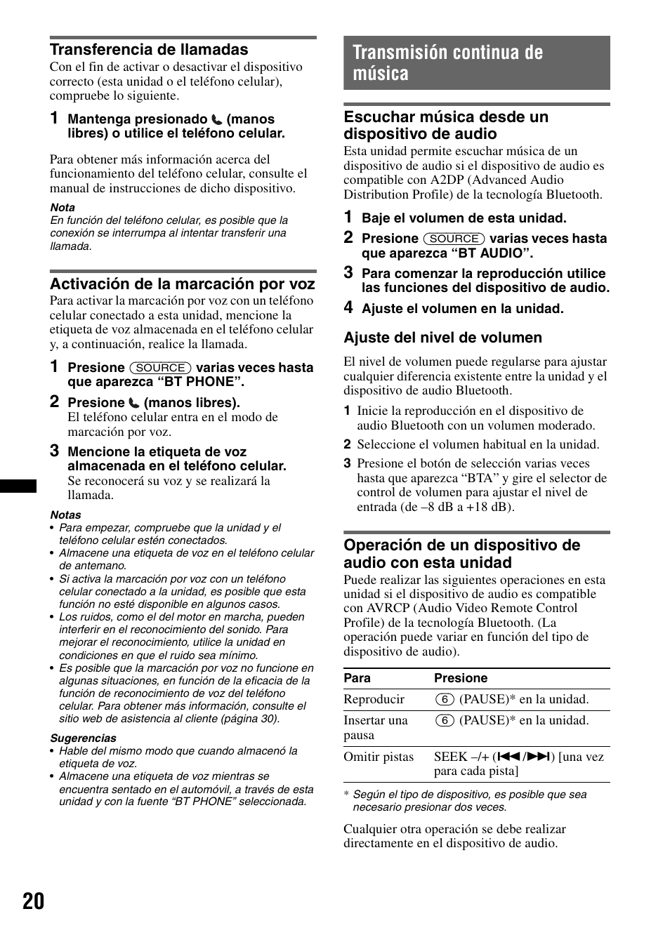 Transferencia de llamadas, Activación de la marcación por voz, Transmisión continua de música | Escuchar música desde un dispositivo de audio | Sony MEX-BT3700U User Manual | Page 50 / 64