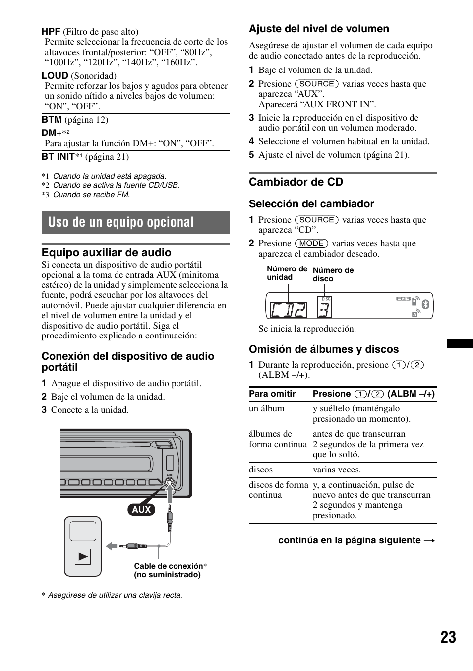Uso de un equipo opcional, Equipo auxiliar de audio, Cambiador de cd | Equipo auxiliar de audio cambiador de cd | Sony MEX-BT3700U User Manual | Page 53 / 64