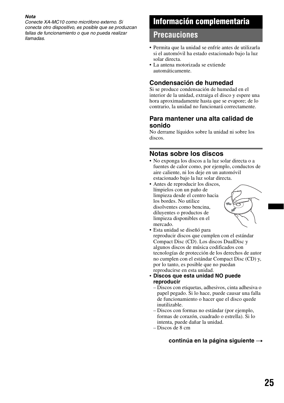 Información complementaria, Precauciones, Notas sobre los discos | Información complementaria precauciones | Sony MEX-BT3700U User Manual | Page 55 / 64