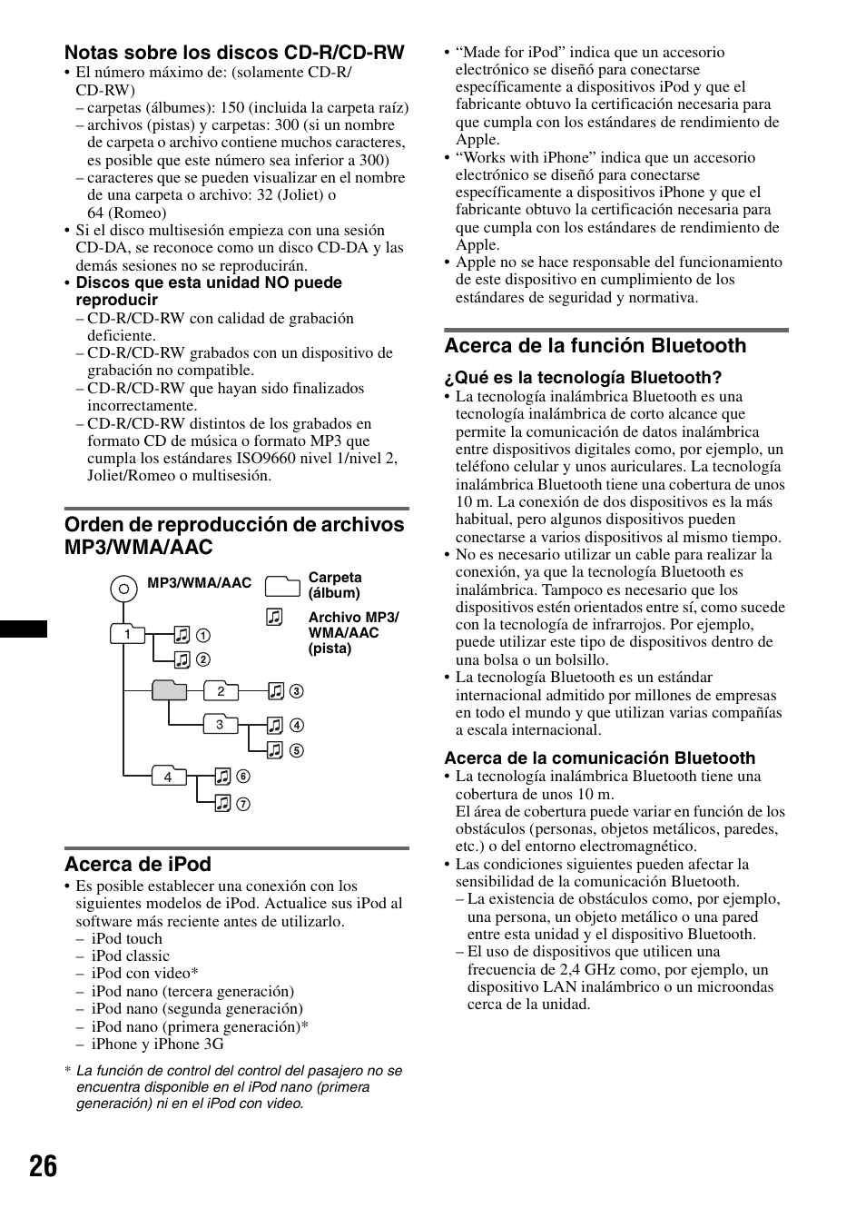 Orden de reproducción de archivos mp3/wma/aac, Acerca de ipod, Acerca de la función bluetooth | Sony MEX-BT3700U User Manual | Page 56 / 64