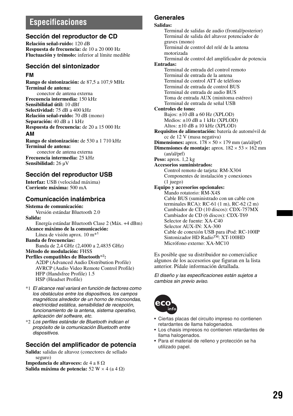 Especificaciones, Sección del reproductor de cd, Sección del sintonizador | Sección del reproductor usb, Comunicación inalámbrica, Sección del amplificador de potencia, Generales | Sony MEX-BT3700U User Manual | Page 59 / 64