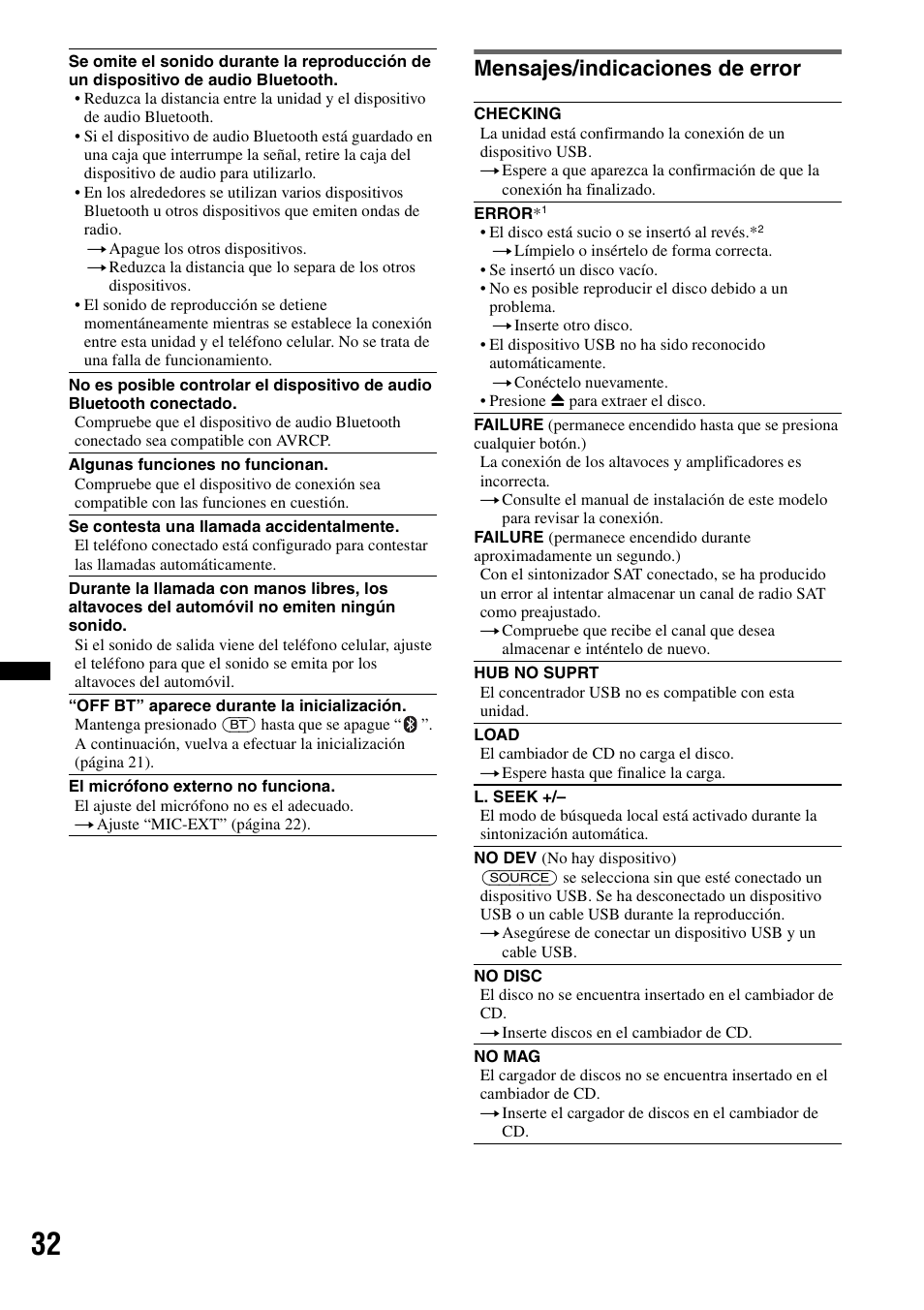 Mensajes/indicaciones de error | Sony MEX-BT3700U User Manual | Page 62 / 64