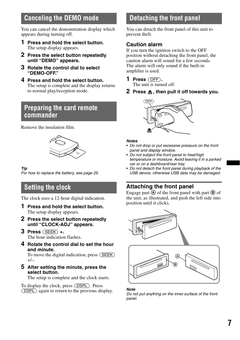 Canceling the demo mode, Preparing the card remote commander, Setting the clock | Detaching the front panel, Attaching the front panel | Sony MEX-BT3700U User Manual | Page 7 / 64