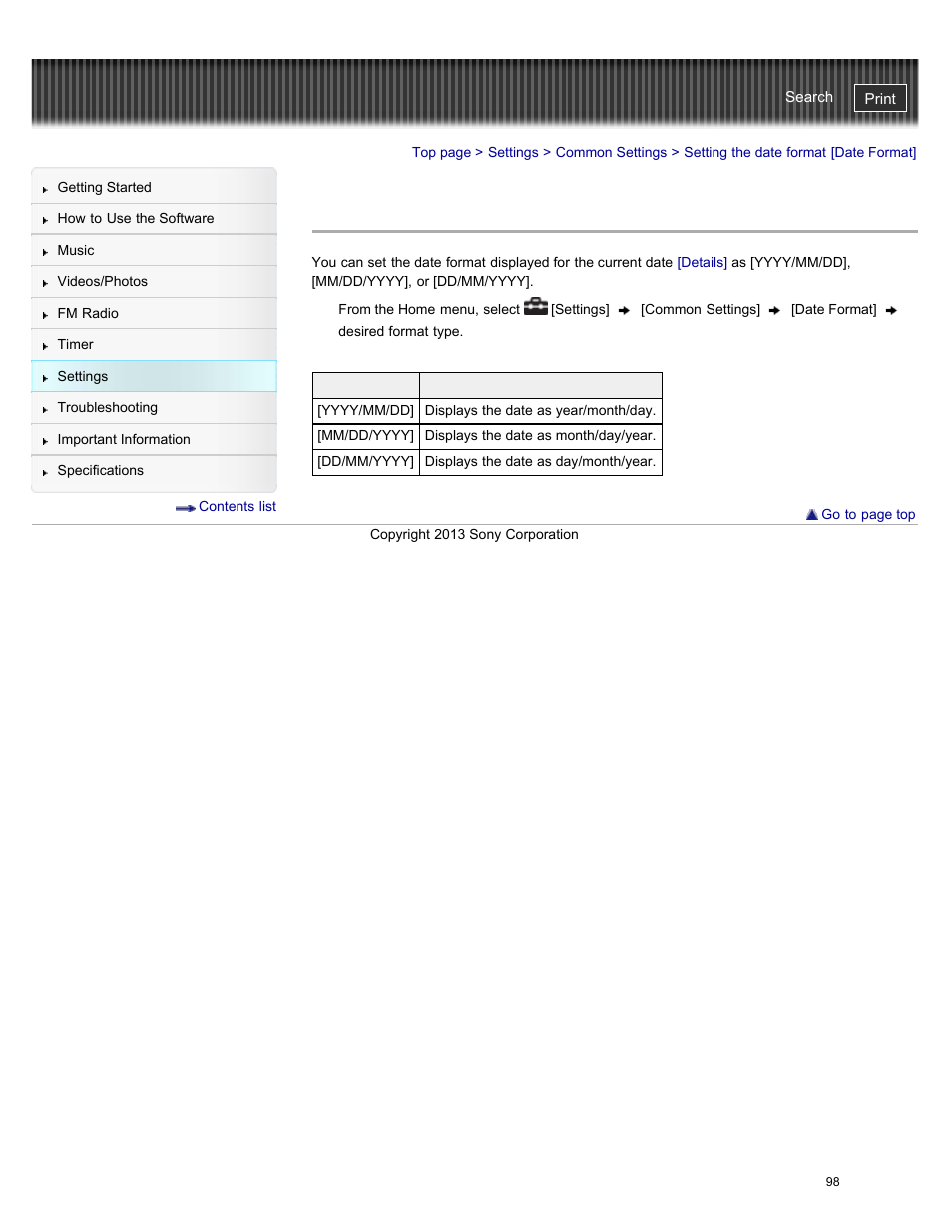 Setting the date format [date format, Details | Sony NWZ-E384BLK User Manual | Page 104 / 162