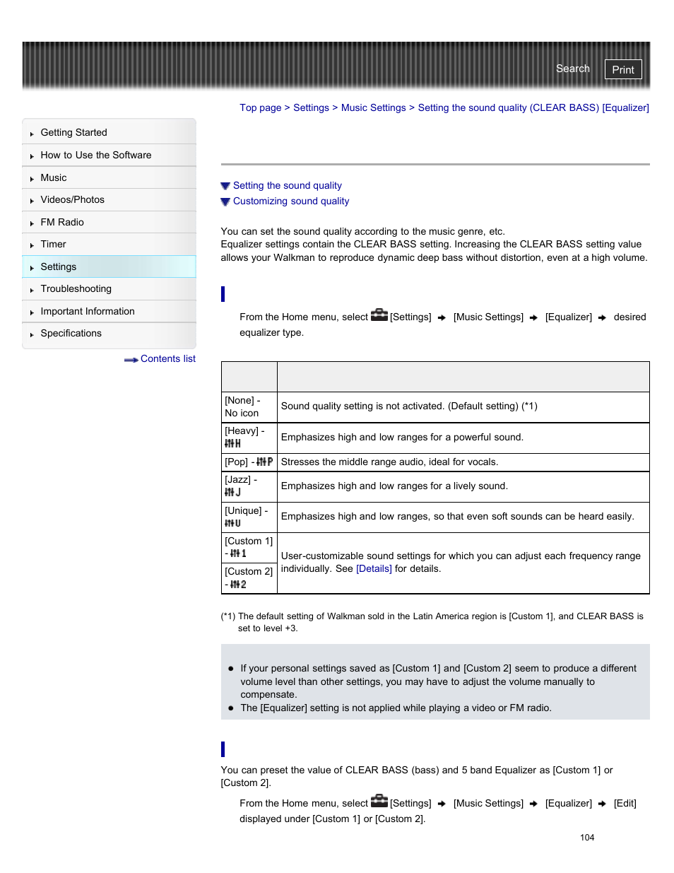 Setting the sound quality (clear bass) [equalizer, Setting the sound quality, Customizing sound quality | Sony NWZ-E384BLK User Manual | Page 110 / 162