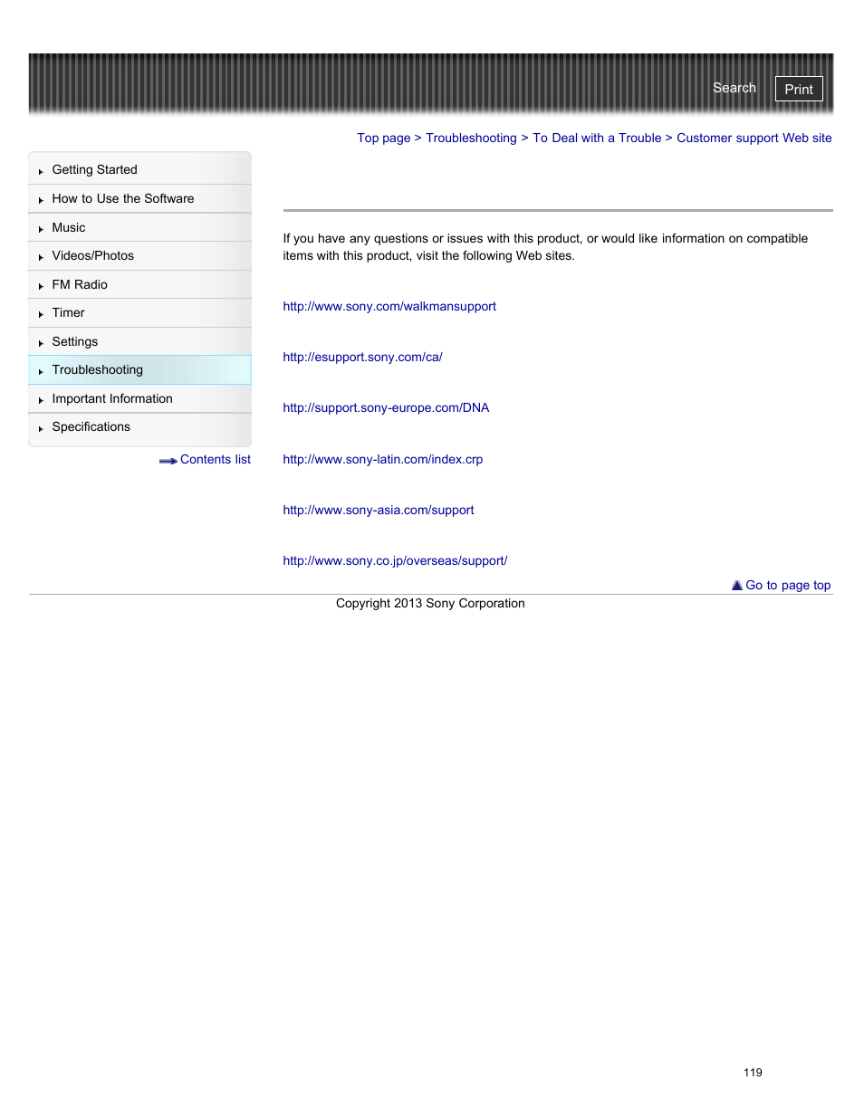 Customer support web site, Details | Sony NWZ-E384BLK User Manual | Page 125 / 162