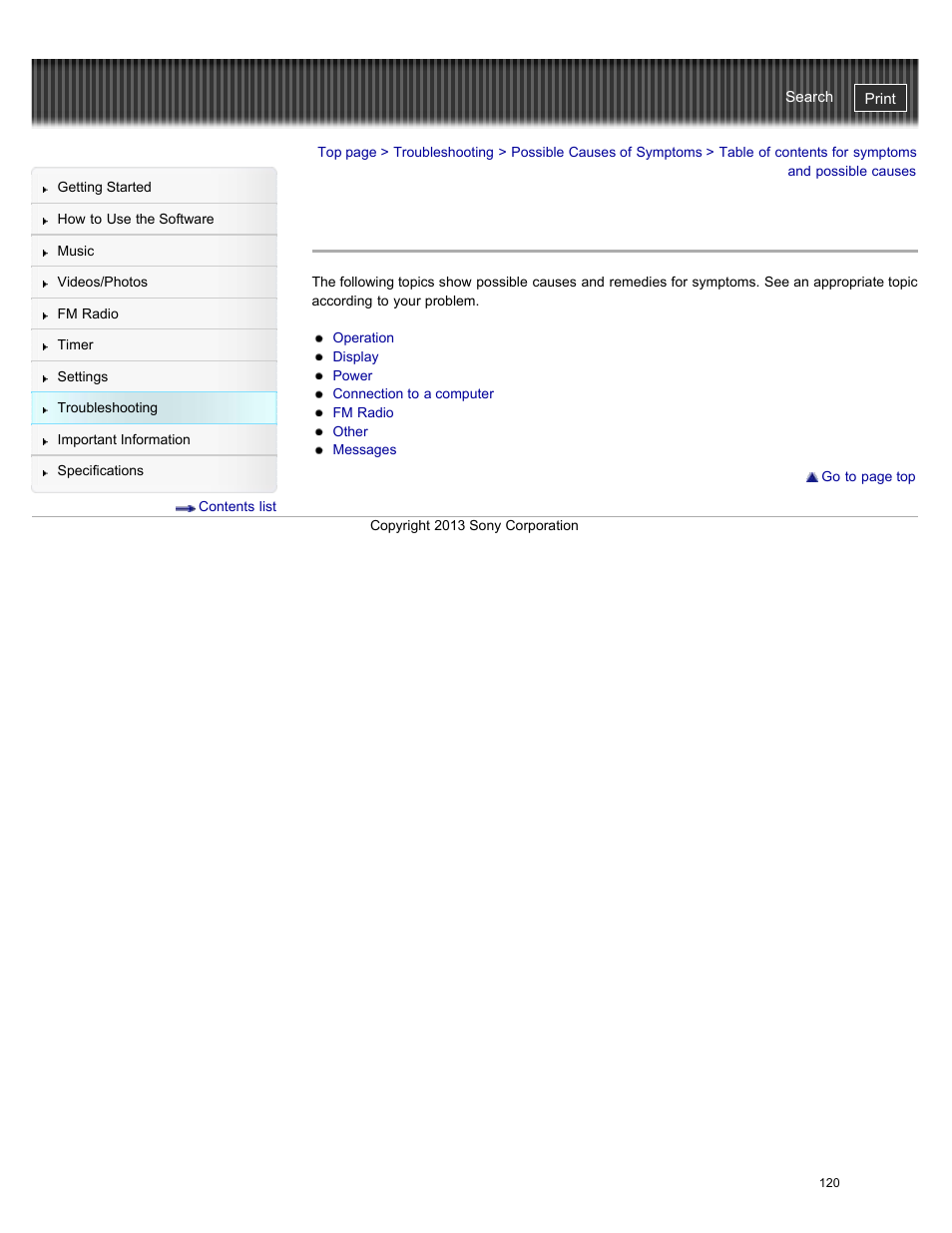 Table of contents for symptoms and possible causes | Sony NWZ-E384BLK User Manual | Page 126 / 162