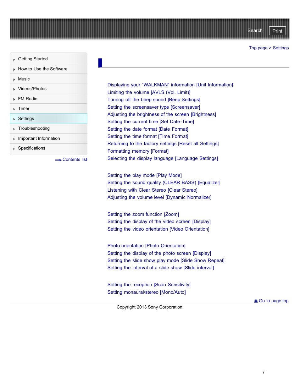 Settings, Common settings, Music settings | Video settings, Photo settings, Fm radio settings | Sony NWZ-E384BLK User Manual | Page 13 / 162