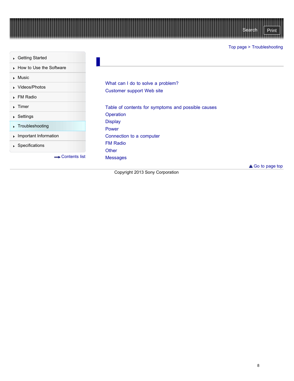 Troubleshooting, To deal with a trouble, Possible causes of symptoms | Sony NWZ-E384BLK User Manual | Page 14 / 162