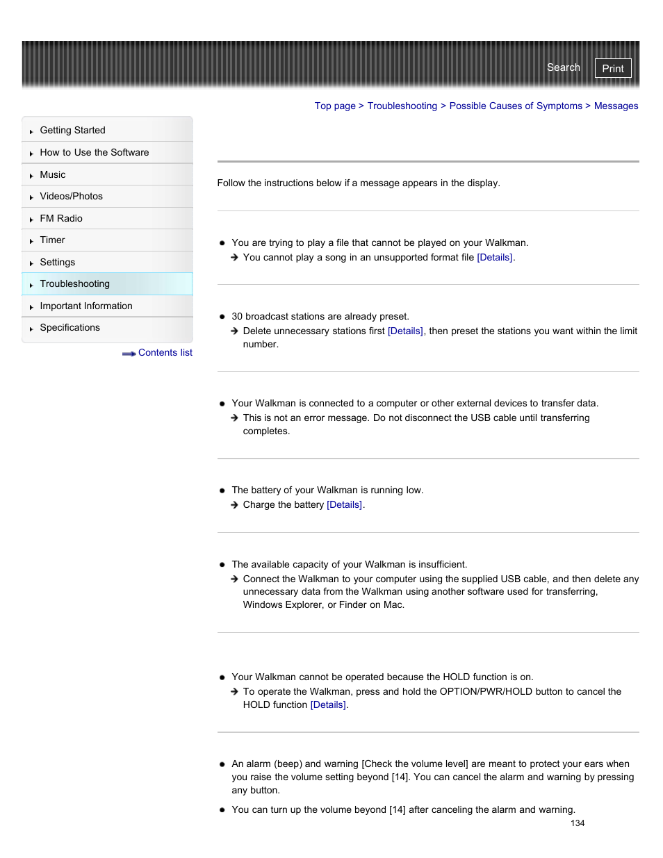 Messages, Details | Sony NWZ-E384BLK User Manual | Page 140 / 162