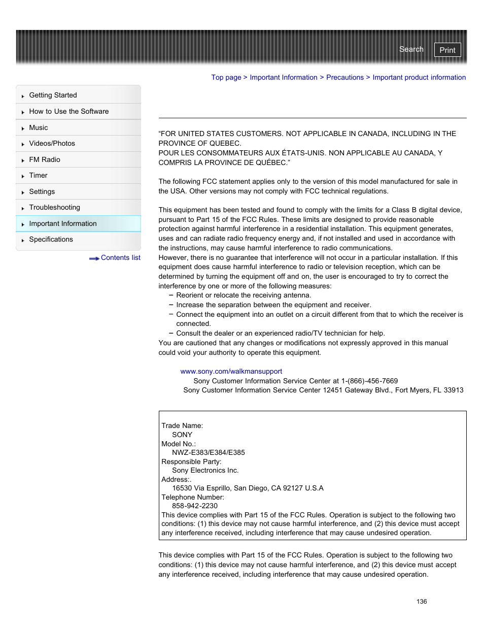 Important product information | Sony NWZ-E384BLK User Manual | Page 142 / 162